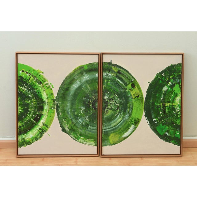 2020s Green Circle Diptych Ii, Contemporary Painting on Canvas, Framed For Sale - Image 5 of 12