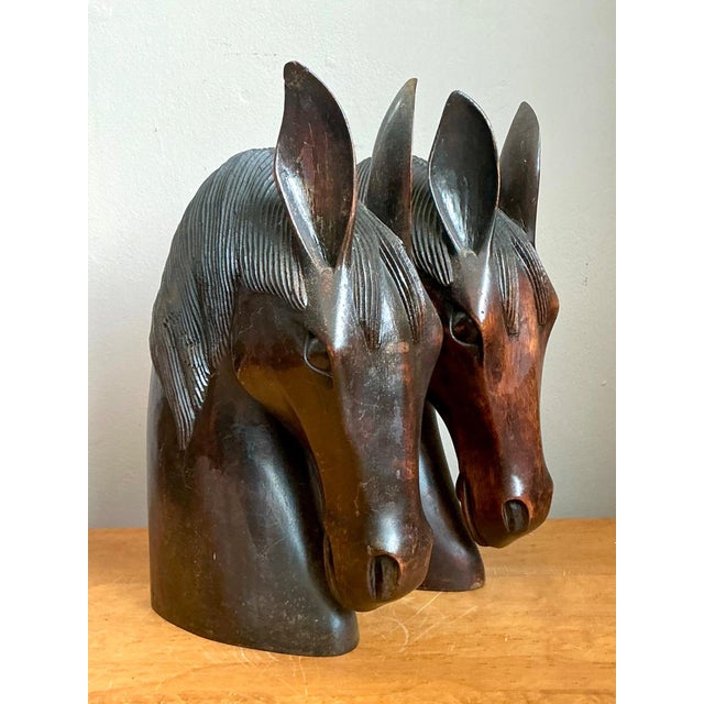 Mid 20th Century Vintage Carved Wood Horse Head Sculptures - Pair For Sale - Image 5 of 15