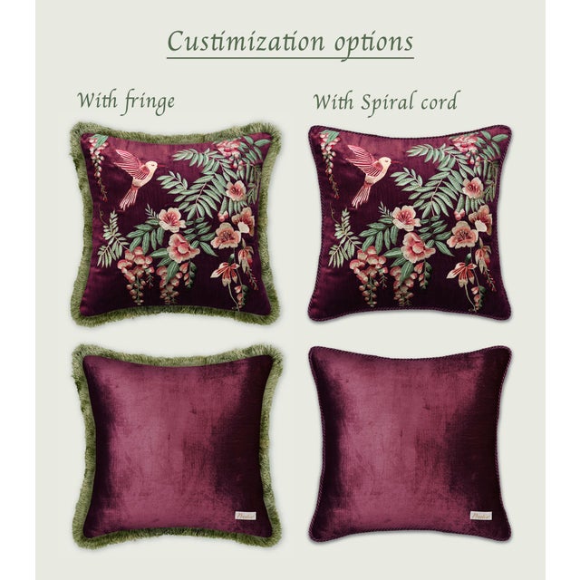 Art Deco Botanical Beauty: Hand Embroidered Velvet Pillow Featuring Silk Thread Floral Motif - Stylish Home Decor Cushion Living Room Sofa For Sale - Image 3 of 6