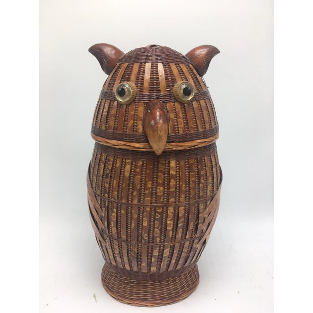 Vintage Boho Chic Style Lidded Cane Owl Basket For Sale - Image 4 of 9