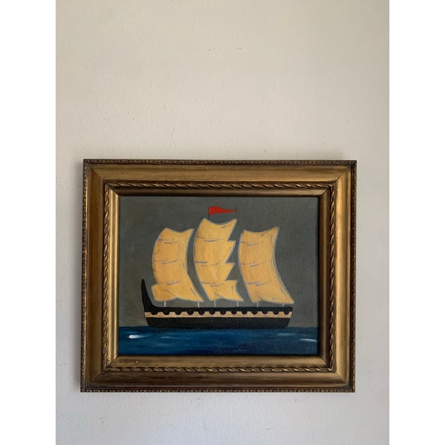 A moody maritime scene rendered in a layered palette of deep blues, softened grey-greens, and warm golden accents. The...