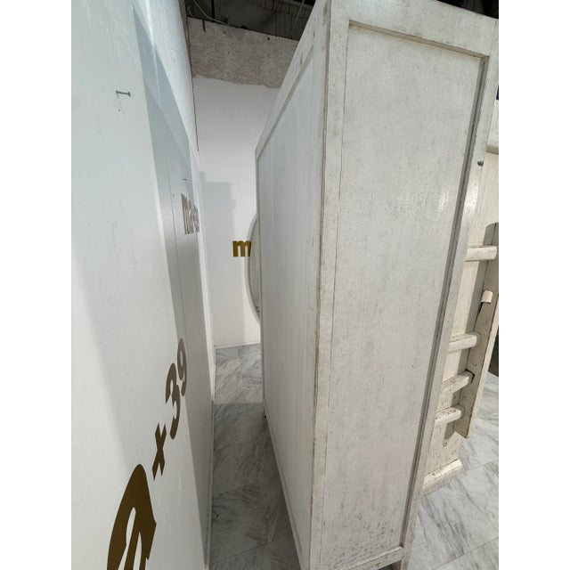 Antique White 1960s Set of 2 Rustic Whitewashed Wooden Armoire With Geometric Relief Doors For Sale - Image 8 of 10