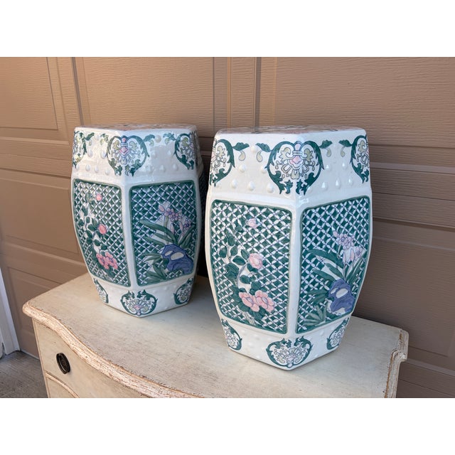 Chinoiserie Late 20th Century Chinoiserie Floral Green and Pink Porcelain Garden Stools or Side Tables, Pair For Sale - Image 3 of 10