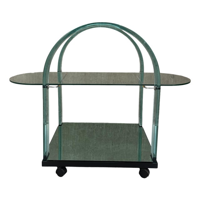 Postmodern Italian Curved Green Glass Bar Cart by Fiam, 1980s For Sale
