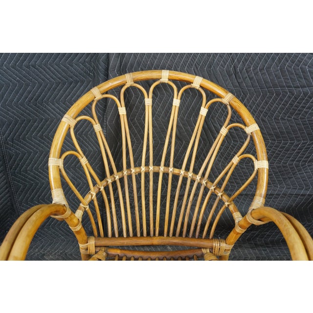 Pair Mid Century Modern Rattan Bamboo Armchairs Boho Sunburst Fan Back Chairs For Sale - Image 9 of 18