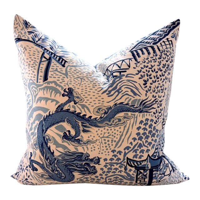 Blue Chinoiserie Dragon Accent Pillow For Sale