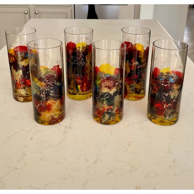 A rare colorful set of 6 vintage Romanian hand-painted and hand-blown art glass highball glasses, by Curtea Sticlarului,...