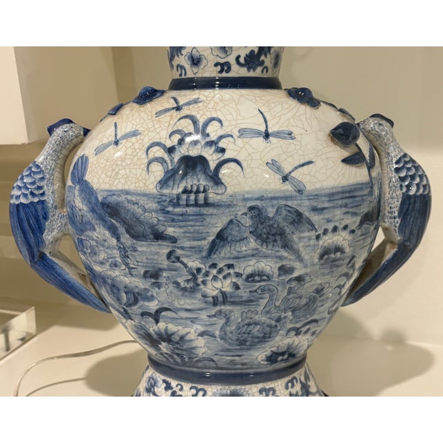 Large Scale Chinoiserie Blue and White Porcelain Table Lamp With Sculptural Bird Handles For Sale - Image 4 of 14