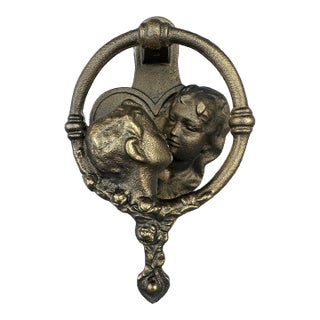 Vintage Cast-Iron Kissing Couple Door Knocker With Heart Backplate For Sale