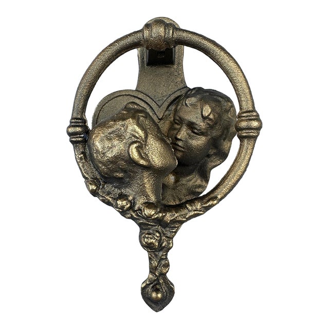 Vintage Cast-Iron Kissing Couple Door Knocker With Heart Backplate For Sale