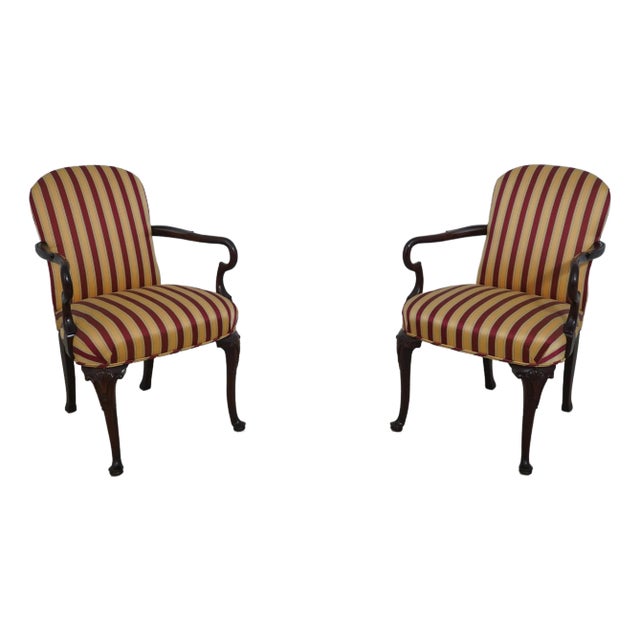 Pair Baker Mahogany Upholstered Armchairs For Sale