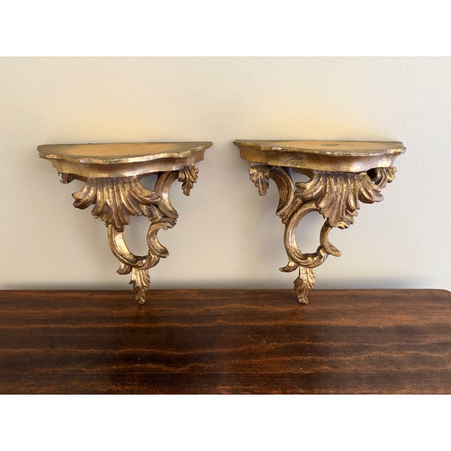 Wood Pair of Mid-Century Italian Rococo Giltwood Wall Shelves For Sale - Image 7 of 9