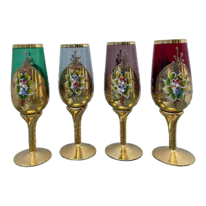 Vintage Murano Style Tre Fuochi Fluted Champagne Glasses Hand Painted 24k Gold- Set of 4