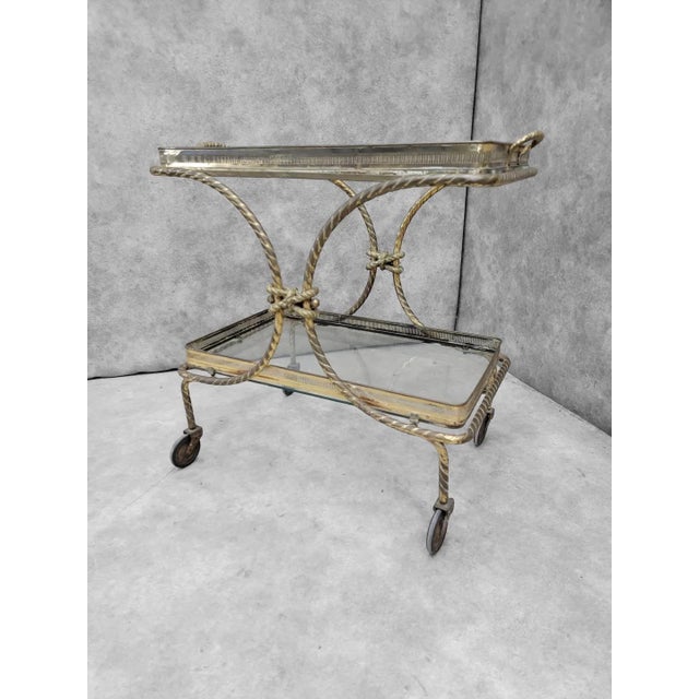 Mid 20th Century Vintage French Bagues Style Brass Rope Bar Cart With Removable Tray For Sale - Image 5 of 7