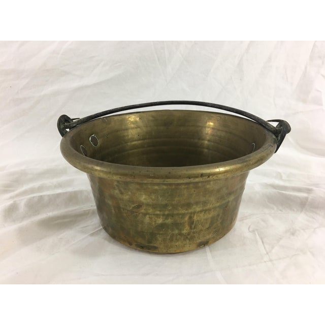 French Provincial Antique French Small Brass Cauldron With Wrought Iron Handle For Sale - Image 3 of 8