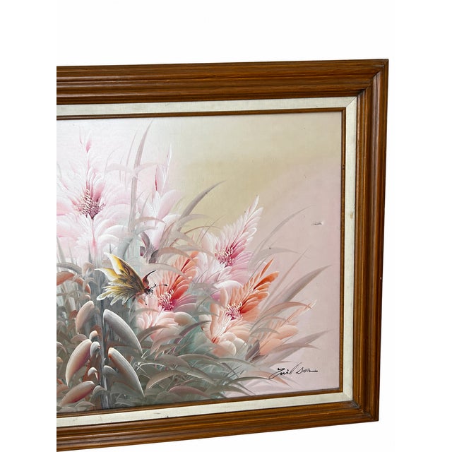 Light Pink Vintage Signed Pastel Floral & Butterfly Oil Painting in Wood Frame For Sale - Image 8 of 13