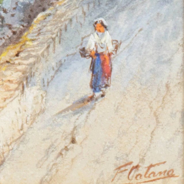 A delicate gouache landscape showing a view of a Renaissance villa overlooking calm blue waters of Lake Como, Italy....