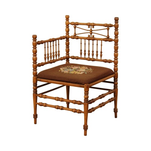 Antique Victorian Bobbin Turned Needlepoint Corner Chair