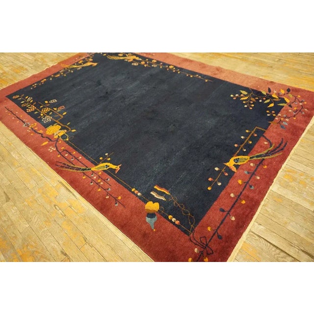 1920s Blue Navy Minimalist Bird Antique Chinese Art Deco Carpet 6' X 8'9" Knotted Wool Rug For Sale - Image 4 of 12