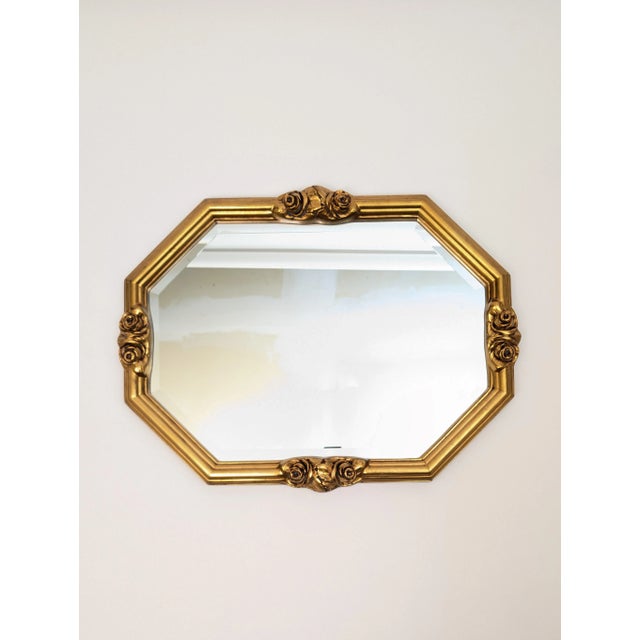 Wood Vintage Octagonal Gilt Beveled Glass Decorator Mirror With Flowers For Sale - Image 7 of 8