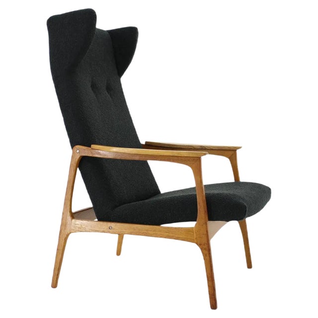 Oak & Bouclé Upholstery Wing Chair, Czechoslovakia, 1960s For Sale