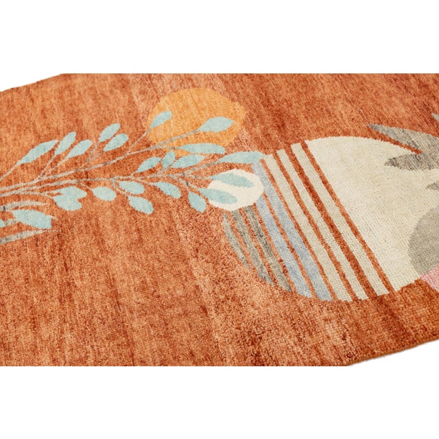 Textile 4x6 Modern Art Deco Hand-Knotted Area Rug Abstract Botanical Rust & Terracotta For Sale - Image 7 of 8