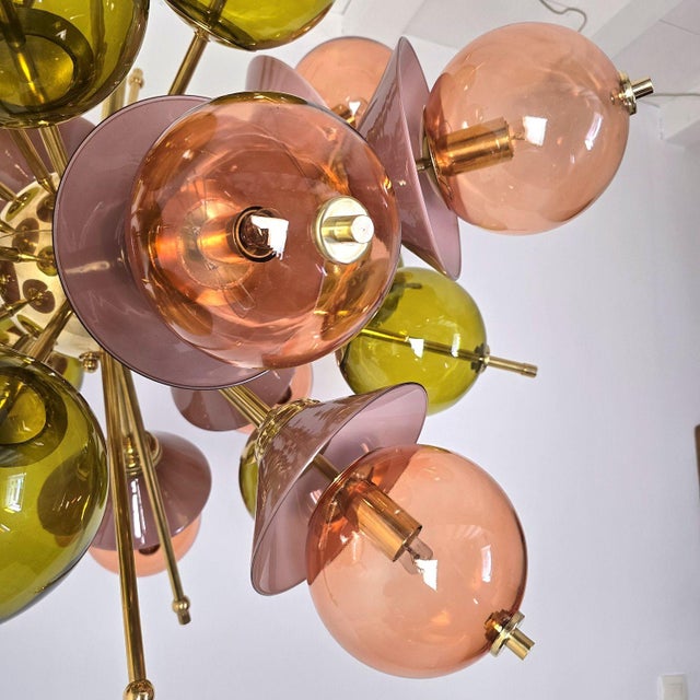 Amber 1990s Mid Century Modern Glass and Brass Sputnik Chandelier, Italy For Sale - Image 8 of 13