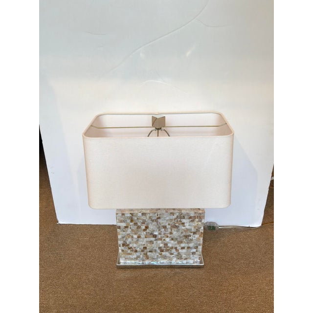 Stylish Mother of Pearl Mosaic Lamp. Rectangular shape with a crepe shade. Showroom floor sample.