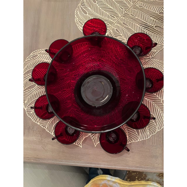 Imagine your holiday party with this beauty on your table! Gorgeous red punch bowl on glass pedestal. This is a rare find...