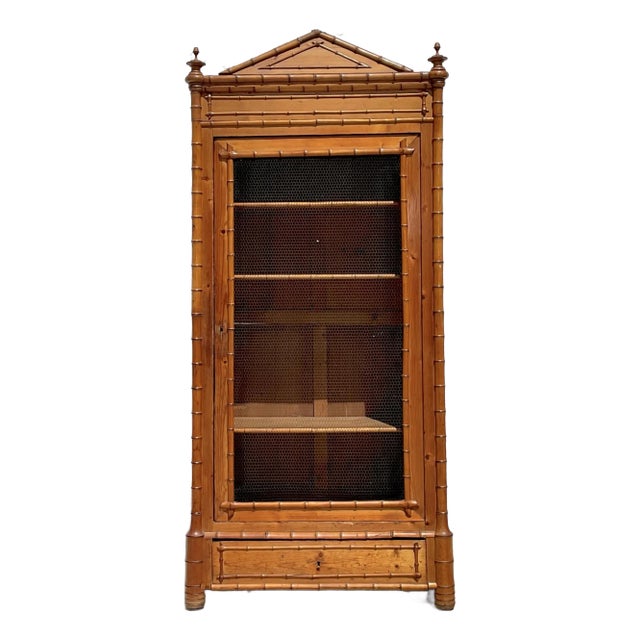 Vintage Coastal Carved Bamboo Wire Front Armoire For Sale