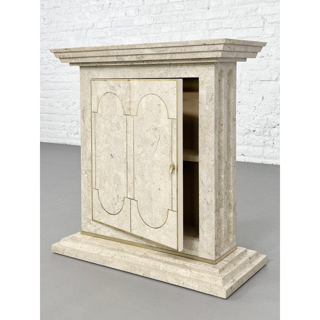 Beige Console Table and Mirror in Travertine Marquetry and Brass, 1970s, Set of 2 For Sale - Image 8 of 16