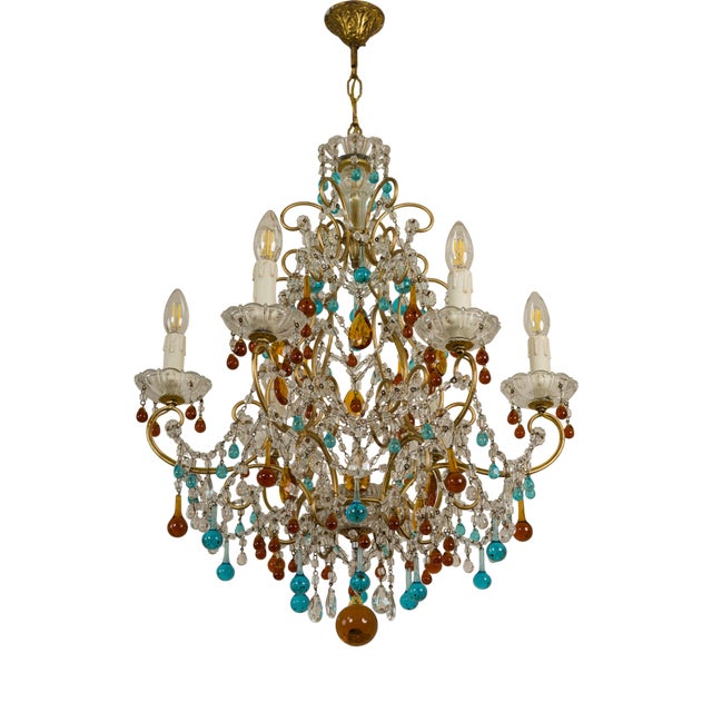Vintage Florentine 6-Light Chandelier in Gilded Iron with Crystals and Murano Glass Pendants, 1950s For Sale