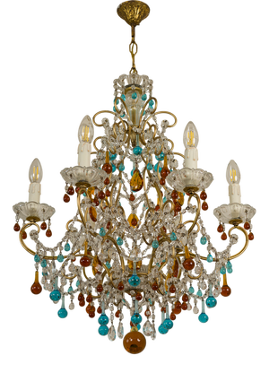 Vintage Florentine 6-Light Chandelier in Gilded Iron with Crystals and Murano Glass Pendants, 1950s