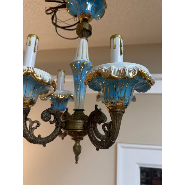 Small Antique French Porcelain and Brass Chandelier With Gold Gilt For Sale In Orlando - Image 6 of 6