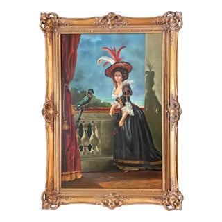 Antique Fine Art Original Signed Painting of Woman on Balcony For Sale