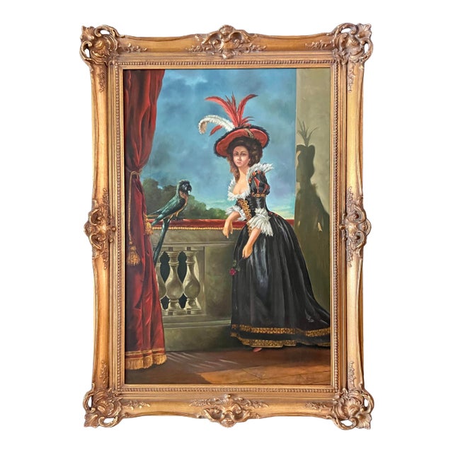 Antique Fine Art Original Signed Painting of Woman on Balcony For Sale
