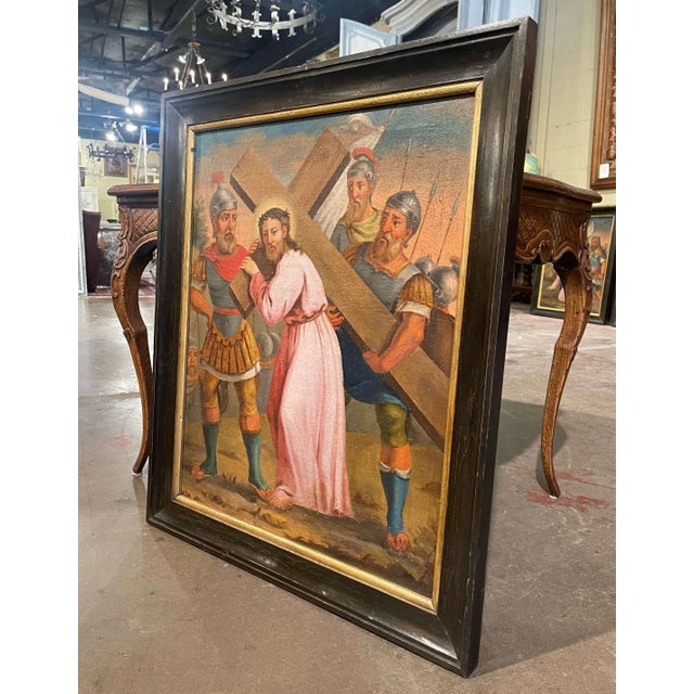 Decorate a wall with this colorful religious antique painting. Created in France, circa 1780, the artwork is set in the...