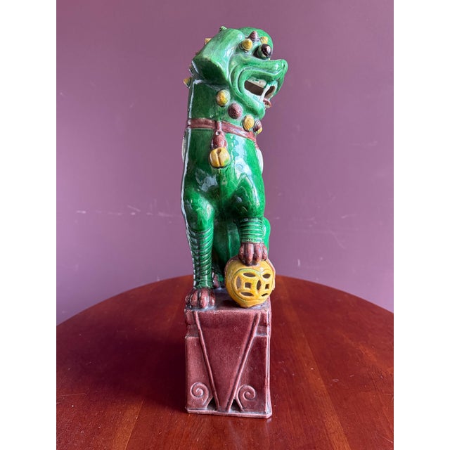 Green Foo Dog 19th Century Antique Chinese Hand Made Ceramic in the Famille Vert Glaze. 15-3/4” Tall. For Sale - Image 8 of 11