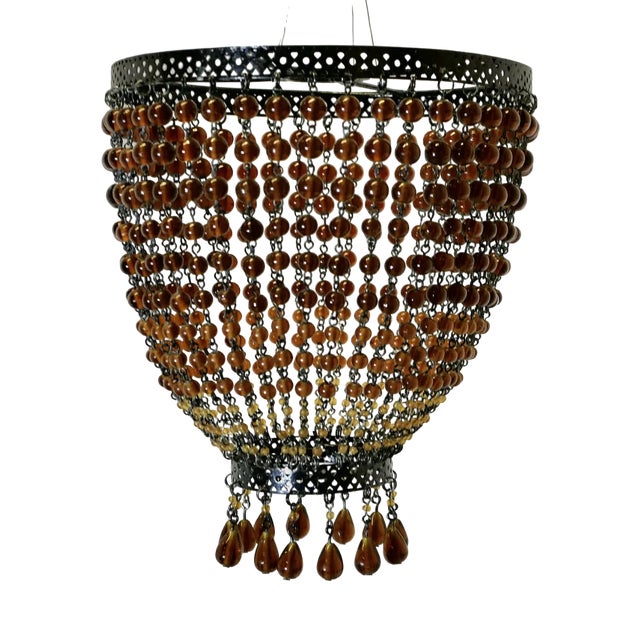 Amber Glass Beaded Lampshade Pendant Light, 1890s For Sale