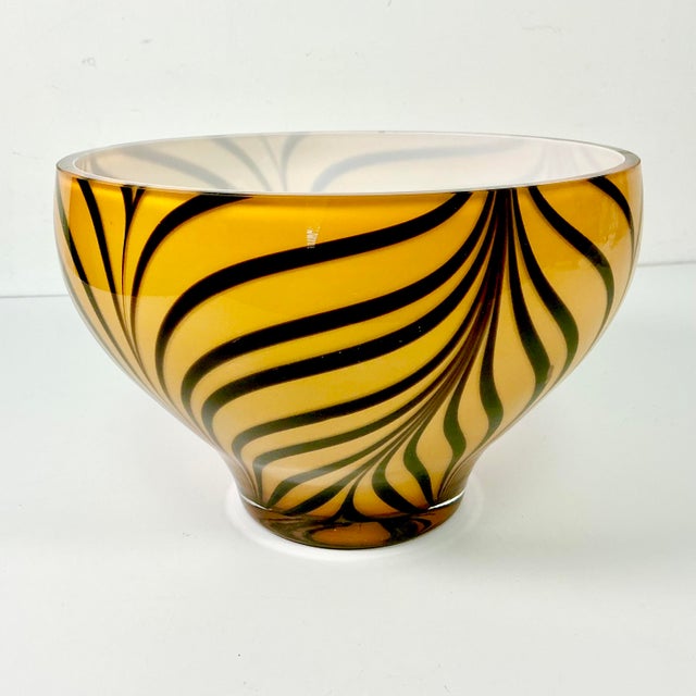 Mid-Century Hollywood Regency Boho Chic Polish Hand Blown Glass Tiger Striped Encased Bowl, Murano Style For Sale - Image 10 of 12