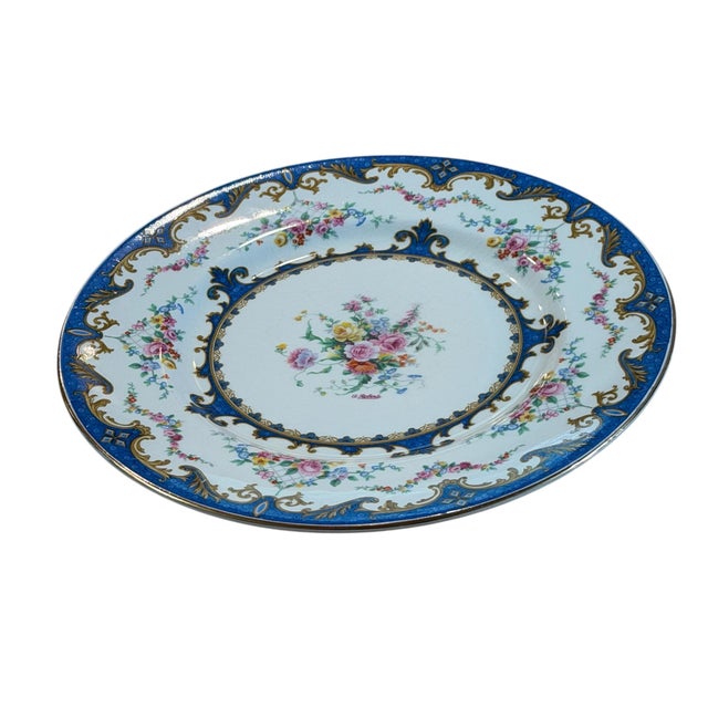 Ceramic 1940s Myott Staffordshire Sevres Blue Floral Bouquet Dinner Plates Set of 4 For Sale - Image 7 of 14