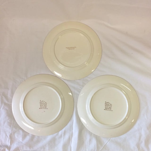 Set of 3 Royal Rajah Gold Filigree Maroon Dinner plates by Blue Ridge Southern Pottery. Made in USA.