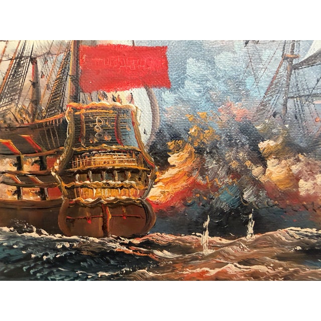 Late 20th Century Vintage Oil Painting Naval Battle Ships Seascape Maritime Art Framed Framed For Sale - Image 5 of 9