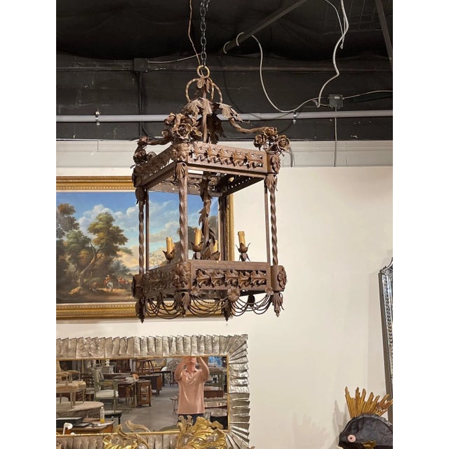 Mid-Century Modern Large French Wrought Iron Lantern For Sale - Image 3 of 10