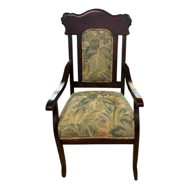 Traditional Mahogany Accent Armchair With William Morris Style Upholstery For Sale