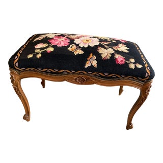 Antique French Carved Louis XV Black Floral Needlepoint Bench For Sale