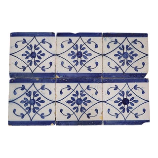 18th Century Set of Six Portuguese Tiles Blue Floral Pattern For Sale
