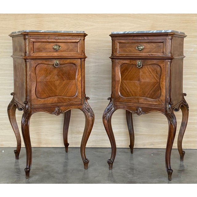 Antique French Mahogany Night Stands or bedside tables with marble top , 1900, A Pair For Sale - Image 11 of 18