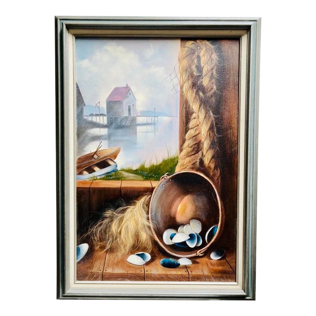 Sharon Bloom 1992 New England Style Window Scene Framed Oil Painting For Sale