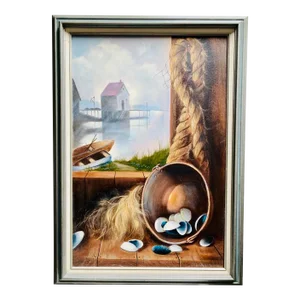 Sharon Bloom 1992 New England Style Window Scene Framed Oil Painting